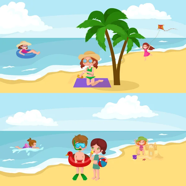 Διασκέδαση στην παραλία. Ευτυχής παιδιά plaing άμμο γύρω από το νερό — Διανυσματικό Αρχείο