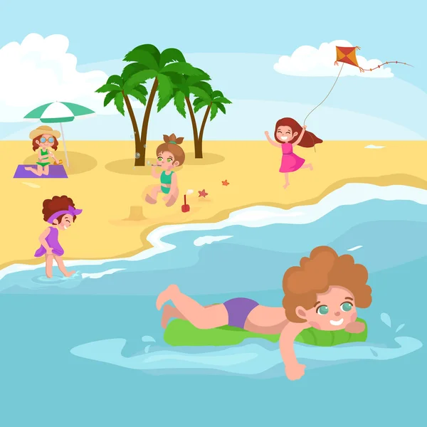 Весело на пляже. Счастливые дети, заплетающие песок вокруг воды — стоковый вектор
