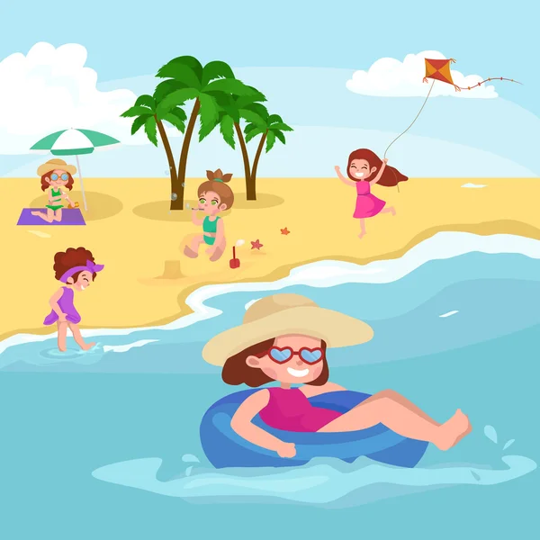 Çocuk yaz tatili. Oyun kum plajındaki su etrafında çocuklar — Stok Vektör