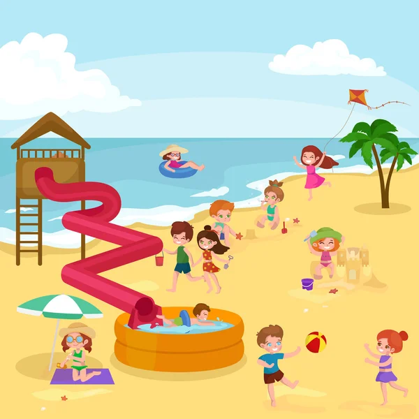 Children summer vacation. Kids Playing sand around water on beach — Stock Vector