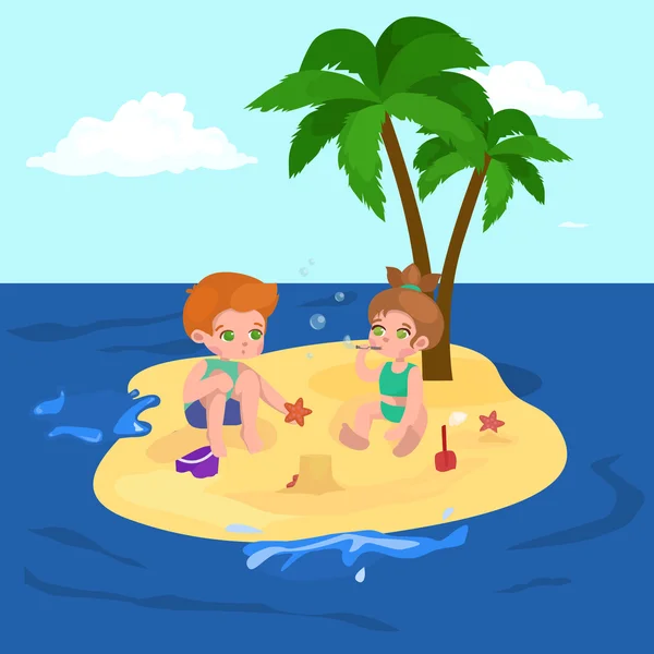 Crianças férias de verão. Crianças Jogando areia ao redor da água na praia — Vetor de Stock