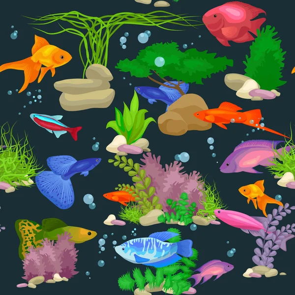 Peixes de aquário, algas subaquáticas padrão sem costura ilustração vetorial — Vetor de Stock