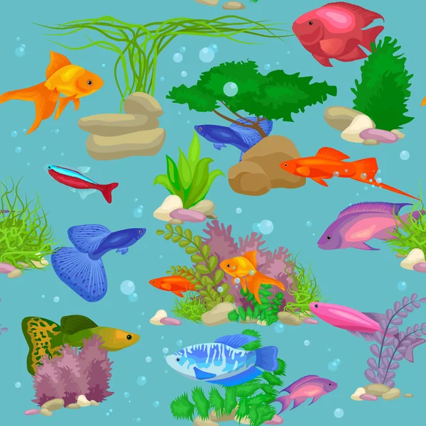 Aquarienfische, Algen unter Wasser nahtlose Mustervektorillustration — Stockvektor