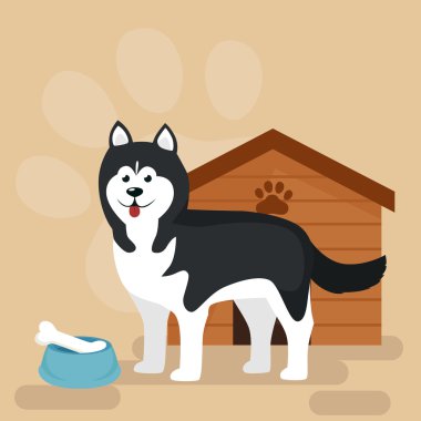 Mutlu köpek köpek kulübesi, kemik ve gıda kase ev