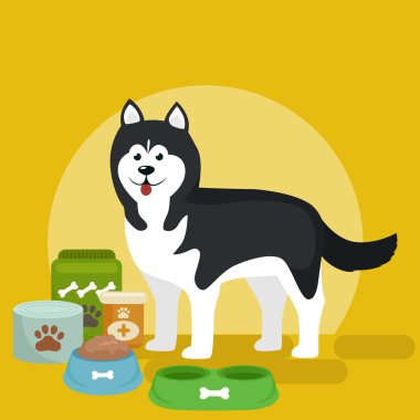 Husky köpek yemek gıda kase ile karikatür çizimi