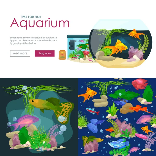 Pesci d'acquario, alghe sottomarine, layout del modello banner con animali marini — Vettoriale Stock