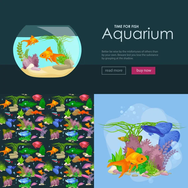 Aquarienfische, Algen unter Wasser, Bannervorlage mit Meerestieren — Stockvektor