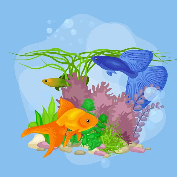 Підводний векторний світ з рибою, водоростями та бульбашками — стоковий вектор