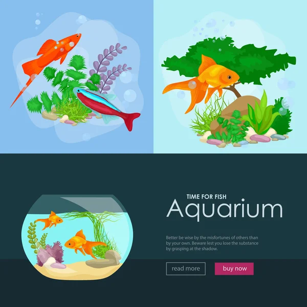 Aquarienfische, Algen unter Wasser, Bannervorlage mit Meerestieren — Stockvektor