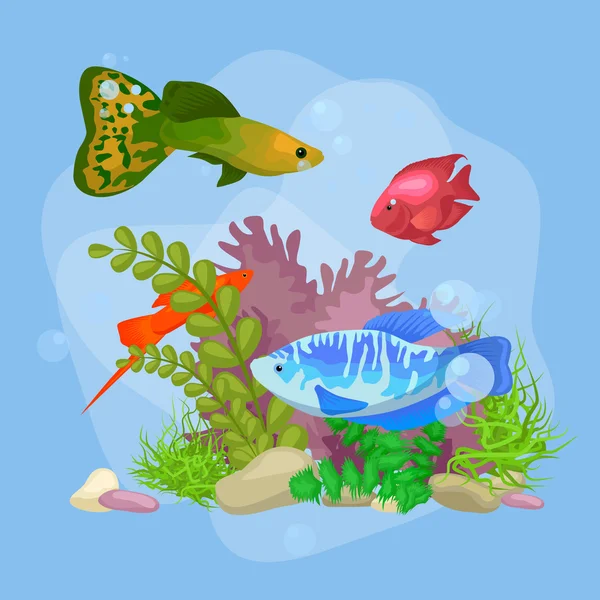Подводный векторный фон с рыбой, водорослями и пузырьками — стоковый вектор