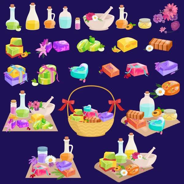 Jabones de bar caseros, flores y aceite esencial. conjunto de iconos de vector — Archivo Imágenes Vectoriales