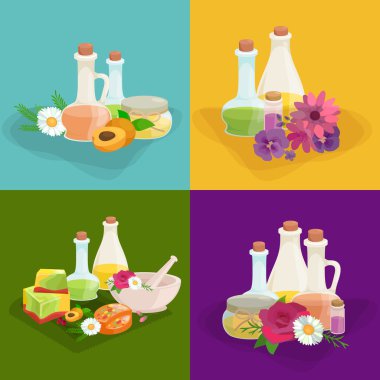 Ev yapımı Bar Sabunlar, çiçek ve uçucu yağ. Vector Icons set