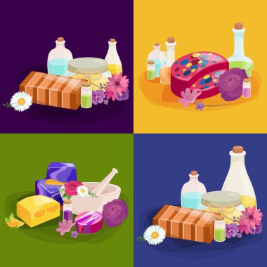 Ev yapımı Bar Sabunlar, çiçek ve uçucu yağ. Vector Icons set