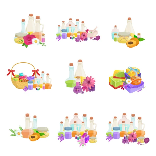 Homemade bars soaps, flowers and essential oil. vector icons set — Stock Vector