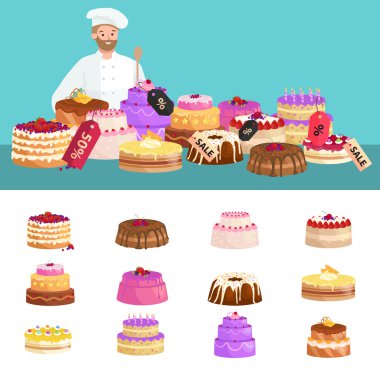 Şekerleme dükkanı Satılık. Ayarla tatlılar, Pastalar. tatlılar. vektör çizim