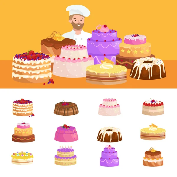 Confeiteiro cozinheiro chef personagem de desenho animado com bolo. Conjunto de ilustrações vetoriais —  Vetores de Stock