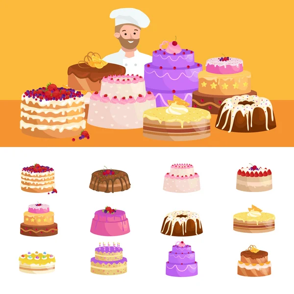 Pastelero cocinero personaje de dibujos animados chef con pastel. Conjunto de ilustraciones vectoriales — Vector de stock