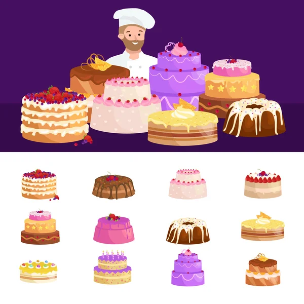Confeiteiro cozinheiro chef personagem de desenho animado com bolo. Conjunto de ilustrações vetoriais —  Vetores de Stock