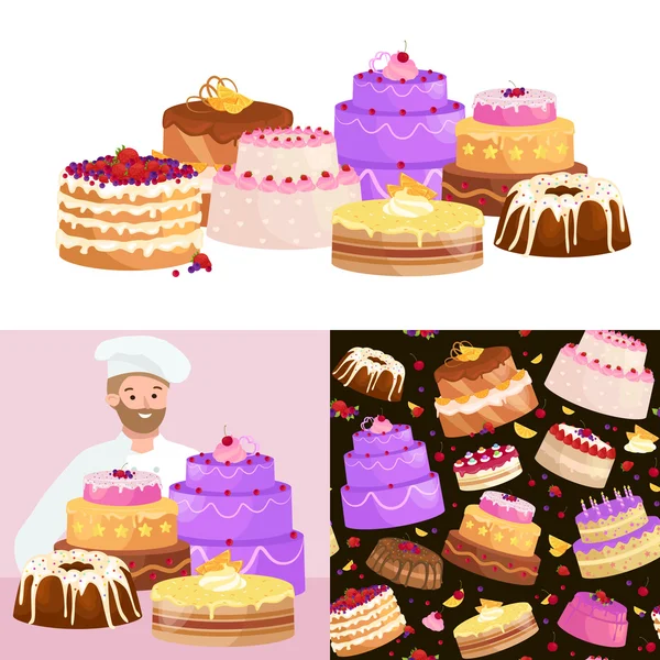 Кондитер повар повар мультфильм персонаж с тортом. Набор векторных иллюстраций — стоковый вектор