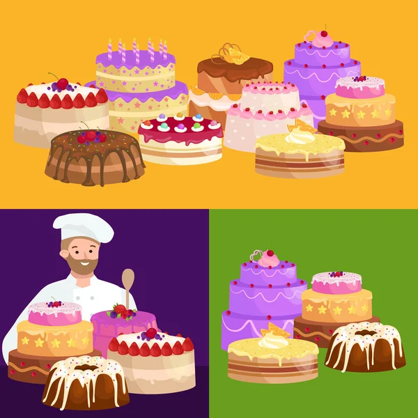 Confiseur cuisinier personnage de dessin animé chef avec gâteau. Ensemble d'illustrations vectorielles — Image vectorielle
