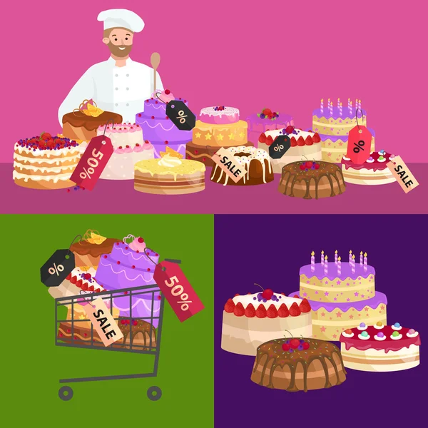 Pasticceria Vendita. Set di dolci, torte. dessert. illustrazione vettoriale — Vettoriale Stock