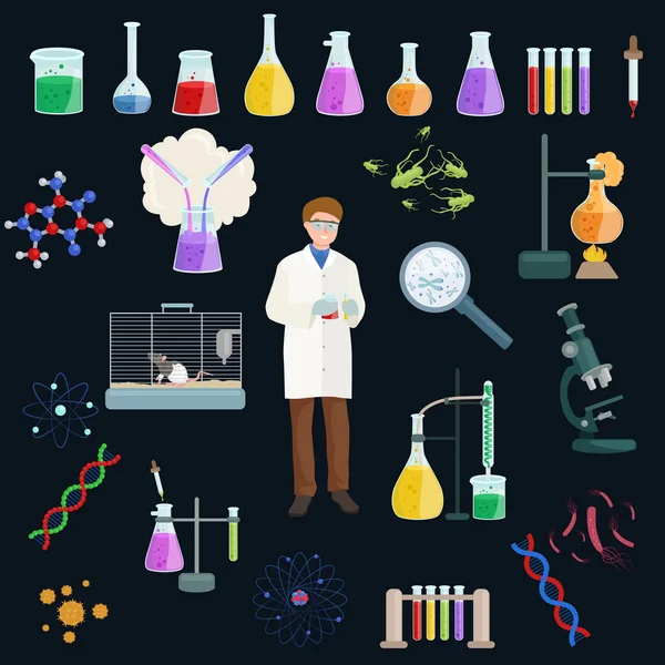 Chemische en menicine laboratorium apparatuur pictogrammenset, hulpmiddelen vector. — Stockvector