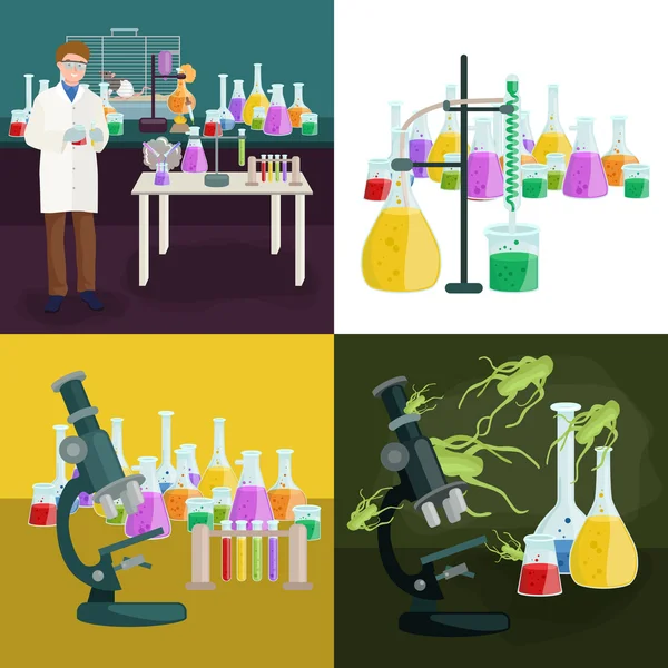 Científicos concepto de laboratorio con el hombre haciendo ilustración vector de investigación — Vector de stock