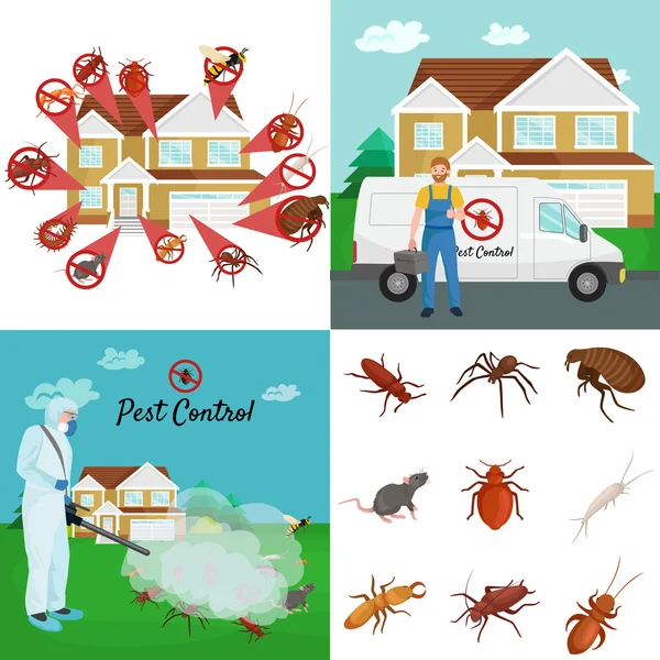 Pest control koncepció rovarok irtószer silhouette lapos vektoros illusztráció — Stock Vector