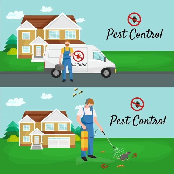 Concepto de control de plagas con insectos exterminador silueta plana vector ilustración — Vector de stock