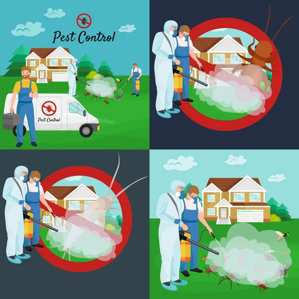 Pest control konceptet med insekter exterminator silhouette platt vektor illustration — Stock vektor