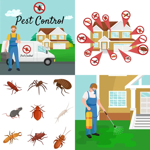 Pest control concept with insects exterminator silhouette flat vector