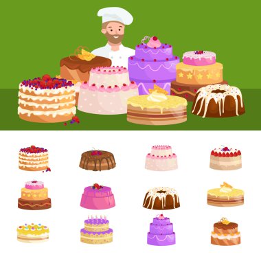 Pudra aşçı Şef çizgi film karakteri ile pasta. Vektör çizimler set