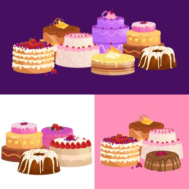 Pasta simge seti, doğum günü yemeği, tatlı tatlı, izole illüstrasyon vektör.