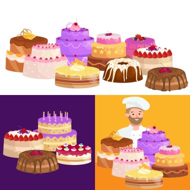 Pudra aşçı Şef çizgi film karakteri ile pasta. Vektör çizimler set