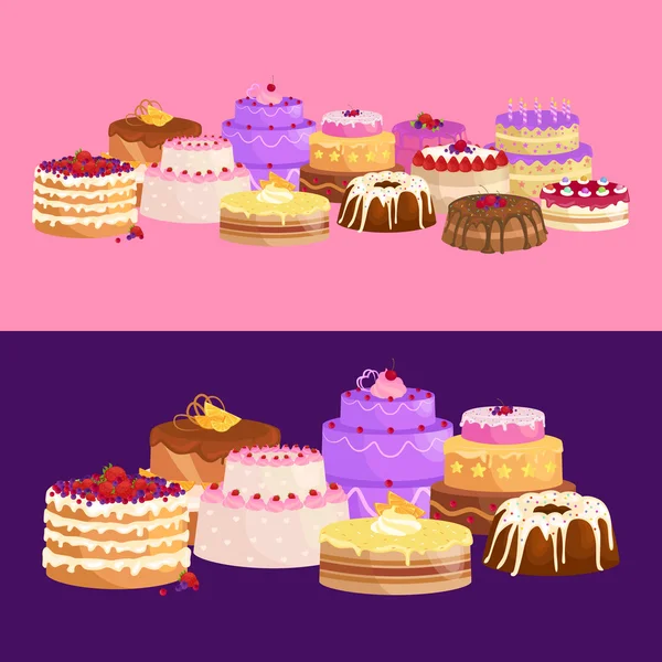 Születésnapi élelmiszer, édes desszert, torta ikon készlet, elszigetelt illusztráció vektor. — Stock Vector