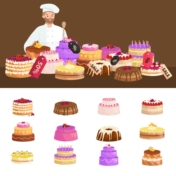 Кондитерський магазин Продаж. Набір цукерок, тортів. десерти. Векторна ілюстрація — стоковий вектор