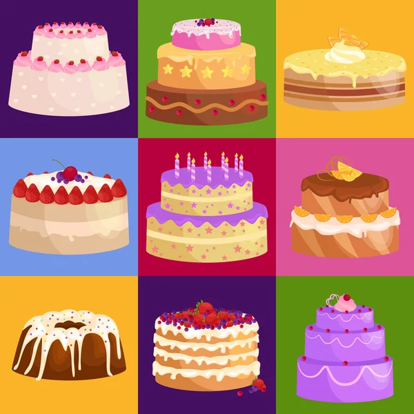 Vector cake icon set, Birthday food, sweet dessert, isolated illustration. — Stock Vector