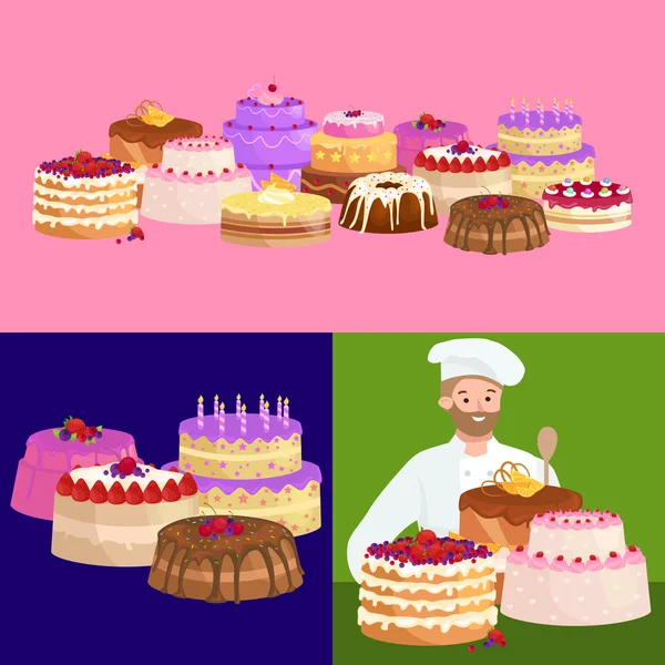 Pasticcere cuoco personaggio cartone animato chef con torta. Serie illustrazioni vettoriali — Vettoriale Stock
