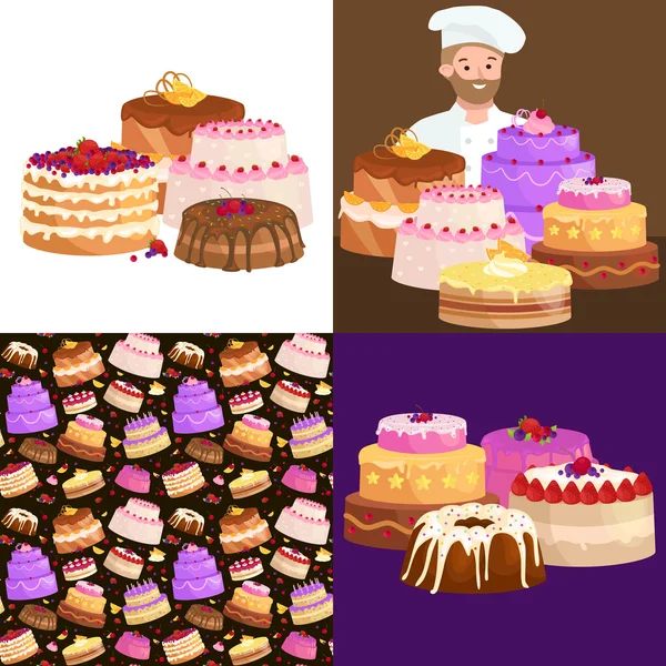 Édességek torták készlettel különböző töltelék, csokoládé desszert vektoros illusztráció — Stock Vector