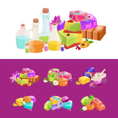 Ev yapımı Bar Sabunlar, çiçek ve uçucu yağ. Vector Icons set
