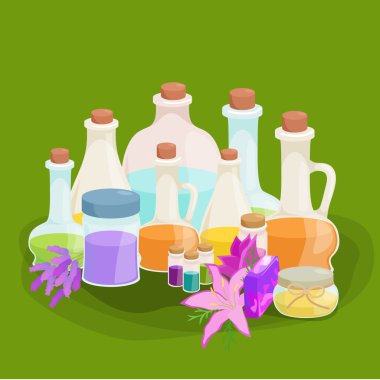 Organik temel aroma yağı ve sabun bar setiyle şişeleri