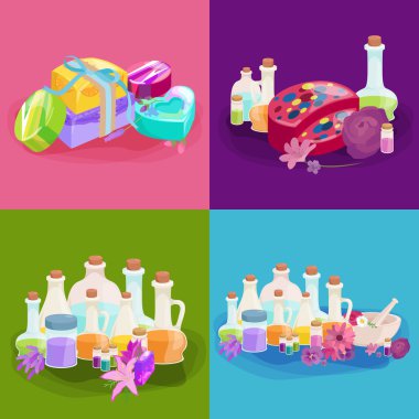 Organik temel aroma yağı ve sabun bar setiyle şişeleri