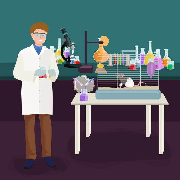 Scientifiques concept de laboratoire avec l'homme faisant illustration vectorielle de recherche — Image vectorielle
