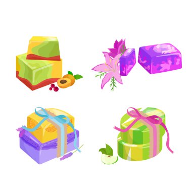 Ev yapımı Bar Sabunlar, çiçek ve uçucu yağ. Vector Icons set