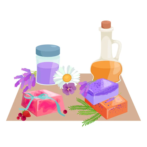 Φυσικό Χειροποίητο σαπούνι και ελιές διανυσματικά εικονογράφηση — Διανυσματικό Αρχείο
