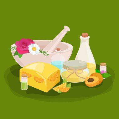 Organik temel aroma yağı ve sabun bar setiyle şişeleri