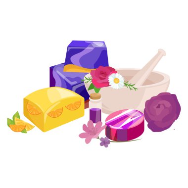 Ev yapımı Bar Sabunlar, çiçek ve uçucu yağ. Vector Icons set