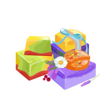 Ev yapımı Bar Sabunlar, çiçek ve uçucu yağ. Vector Icons set