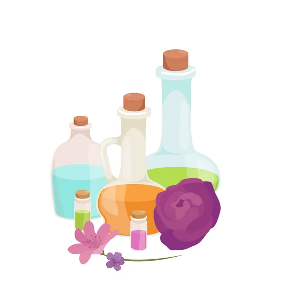 Μπουκάλια με οργανικά άρωμα ουσιαστικό, λάδι και σαπούνι μπαρ σετ — Διανυσματικό Αρχείο