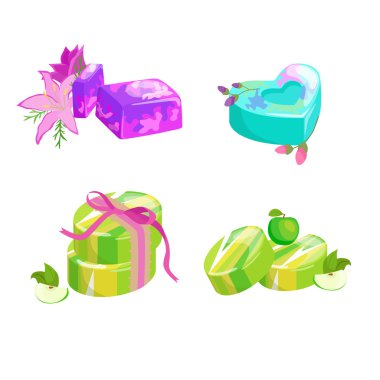 Ev yapımı Bar Sabunlar, çiçek ve uçucu yağ. Vector Icons set